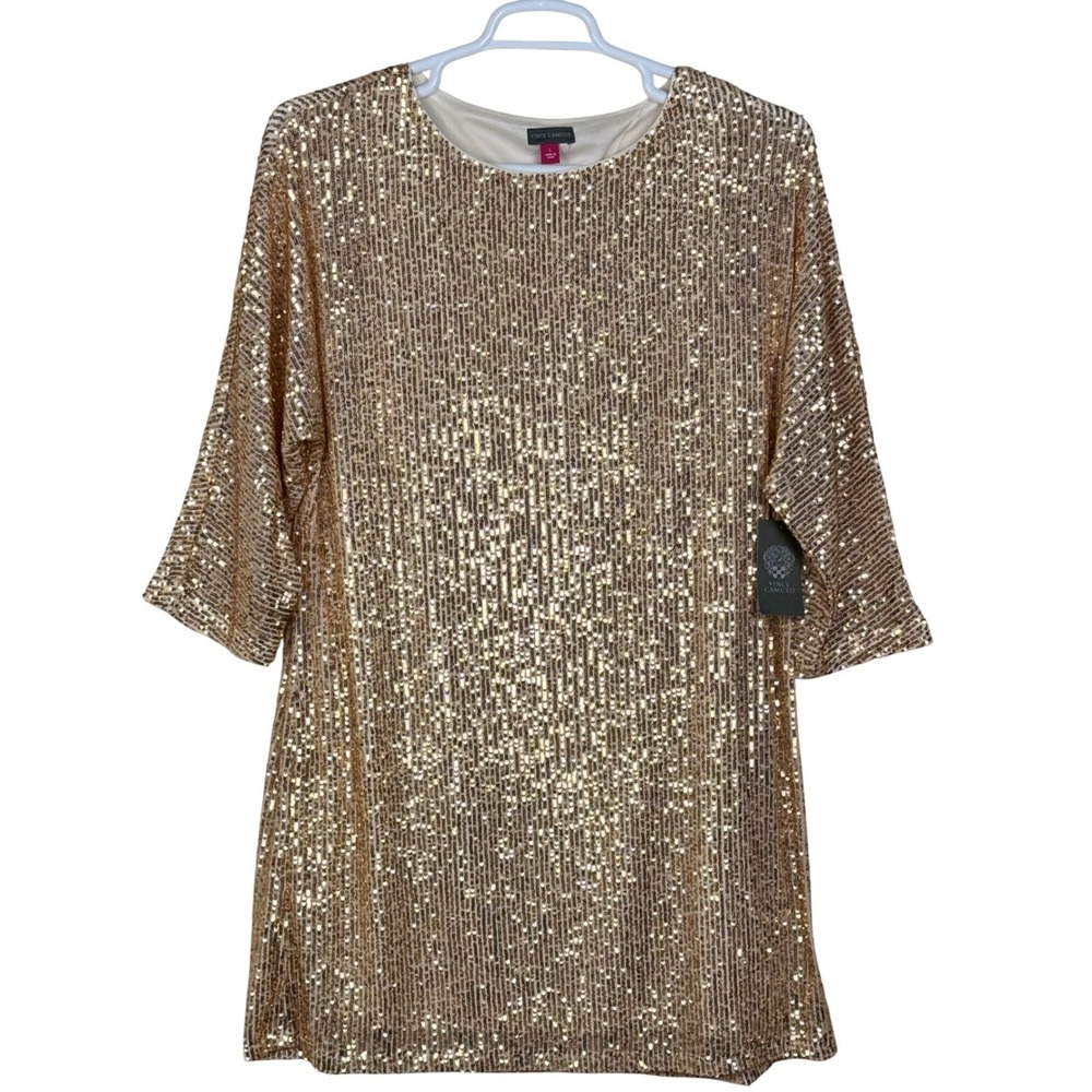 NWT Vince Camuto Holiday Hues Sequin Shift Dress Womens Large Gold Glam Cocktail